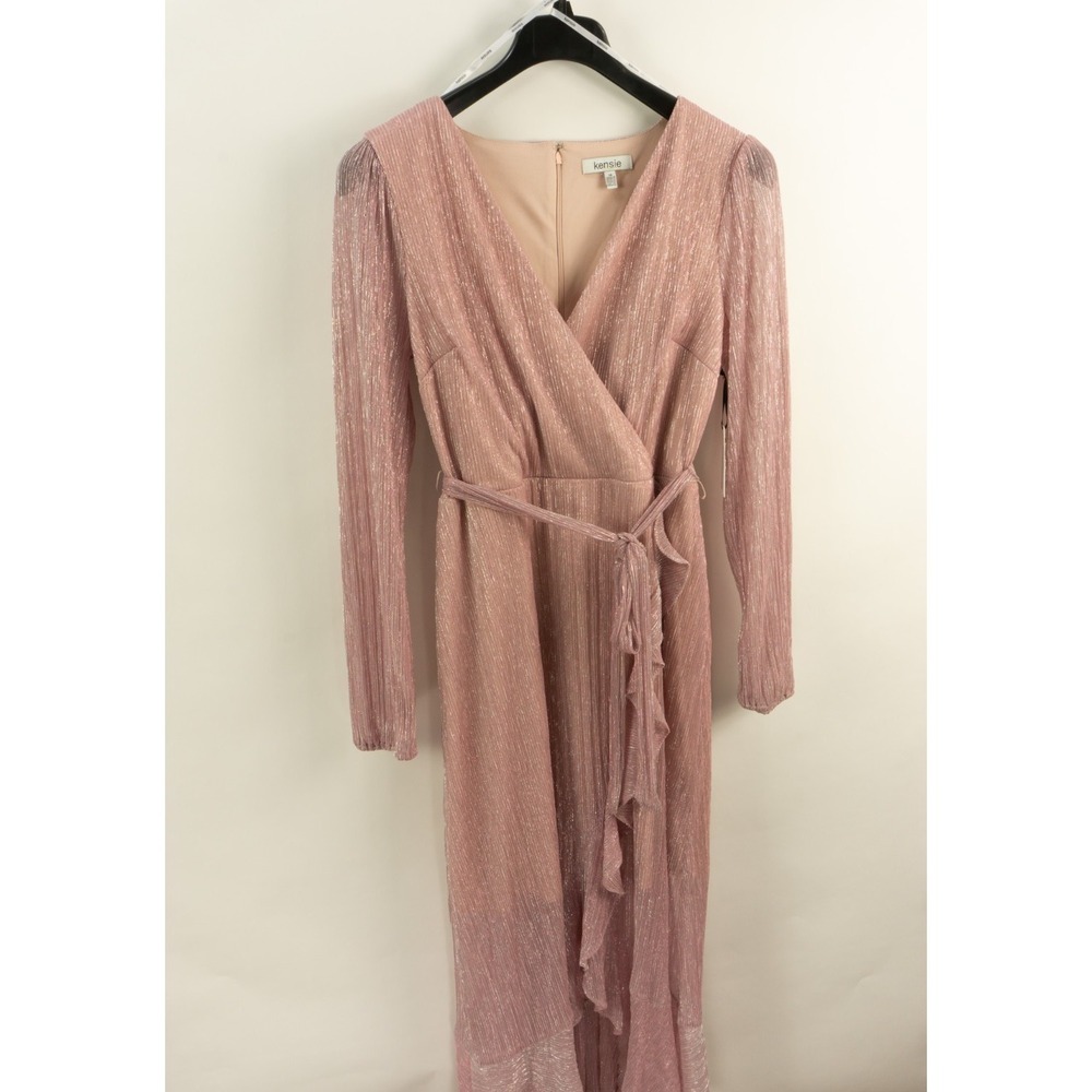 New Kensie Metallic Wrap Crinkle Belted Surplice V-Neck Ruffle Midi Dress Sz 14